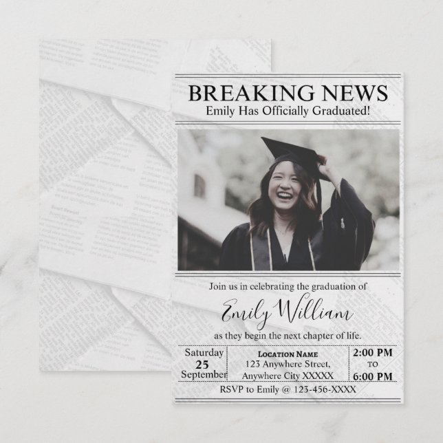 Convites Graduation Newspaper Photo Invitation (Frente/Verso)
