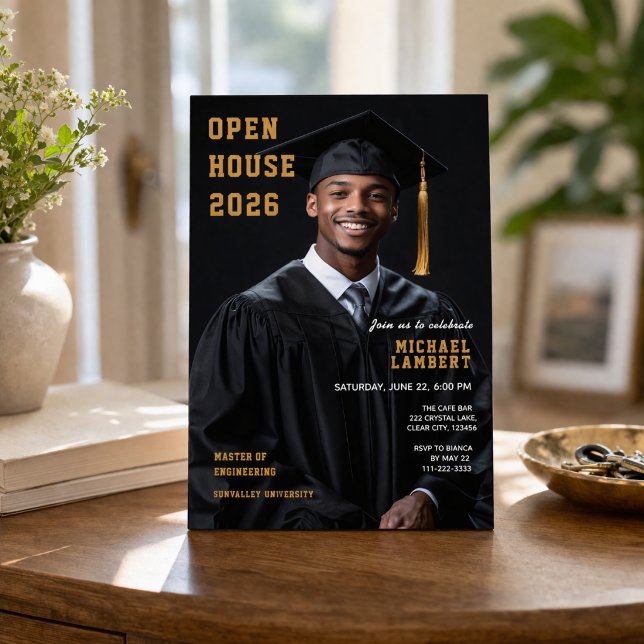 Convites Graduation Open House Photo Invite 2026 (Open house graduation invitation with photo in modern black and gold design)