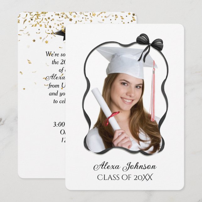Convites Graduation Party Black Bow And Ribbon Frame (Frente/Verso)
