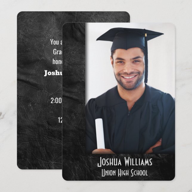 Convites Graduation Party Black Leather Photo Frame (Frente/Verso)