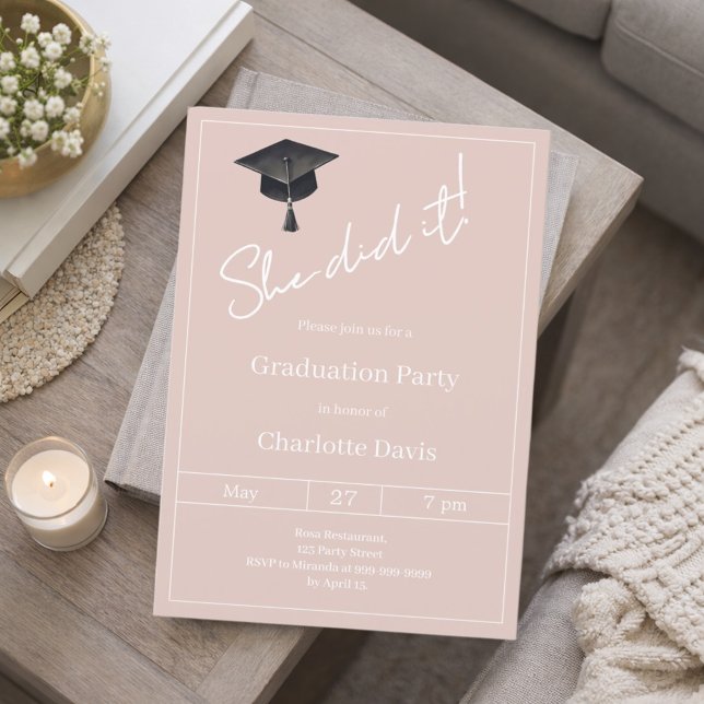Convites Graduation party blush pink neutral She did it (Criador carregado)