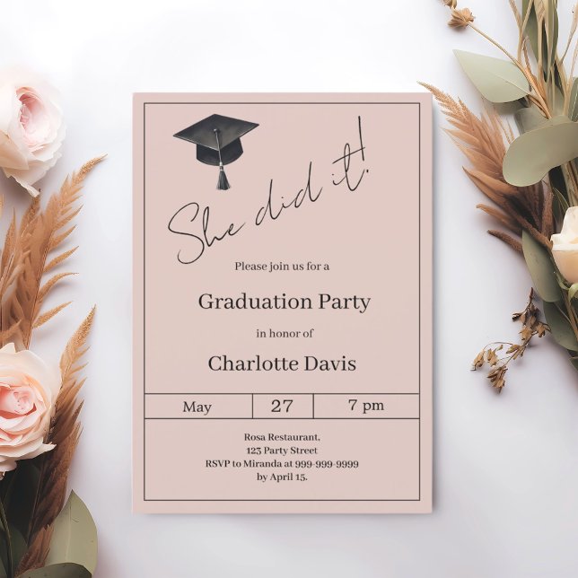 Convites Graduation party blush pink neutral She did it (Criador carregado)