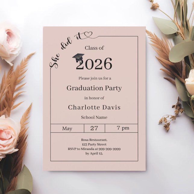 Convites Graduation party blush pink neutral She did it (Criador carregado)