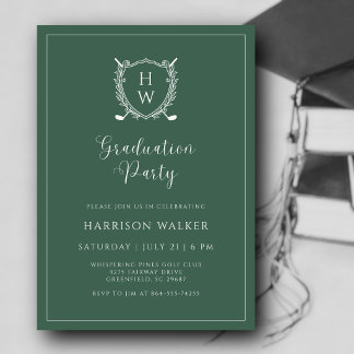 Convites Graduation Party Golf Crest Elegant Script Sage