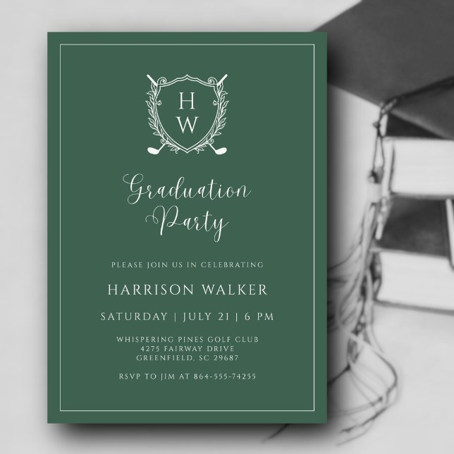 Convites Graduation Party Golf Crest Elegant Script Sage (A polished look for a milestone worth celebrating. Custom monogram makes it uniquely theirs.)