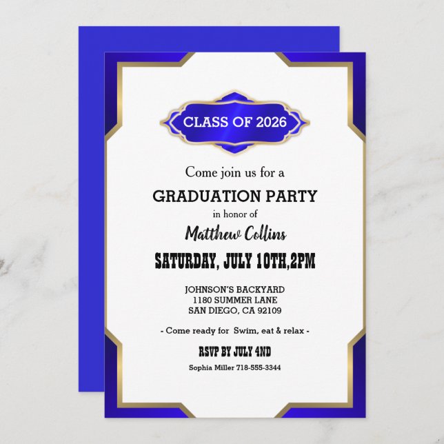 Convites Graduation Party Invitation blue Retro Inspired  (Frente/Verso)