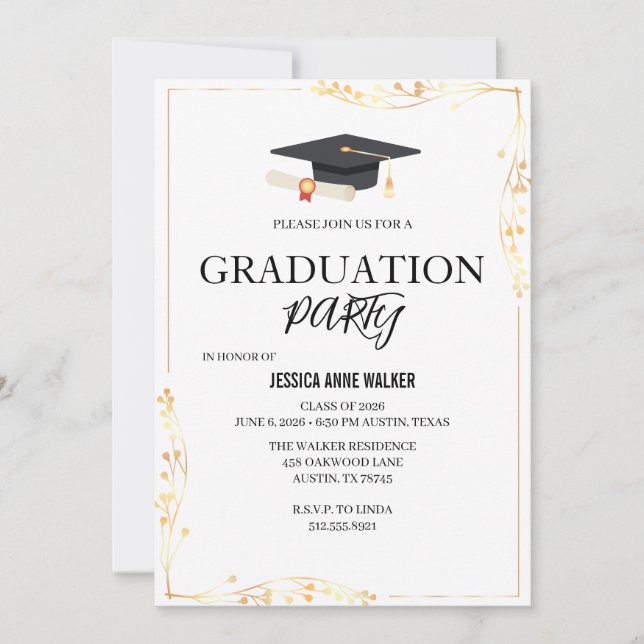 Convites Graduation Party Invitation Elegant Gold Editable  (Frente)