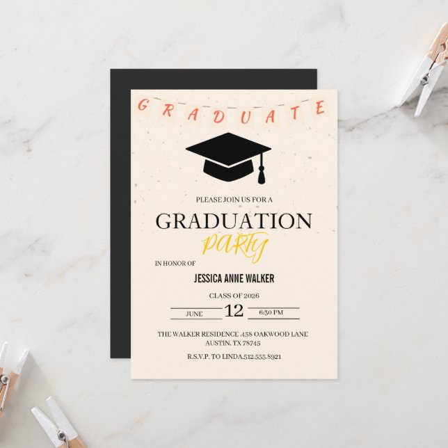 Convites Graduation Party Invitation Elegant Gold Editable  (Frente/Verso In Situ)