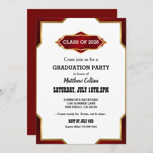 Convites Graduation Party Invitation Red Retro Inspired  (Frente/Verso)