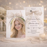 Convites Graduation party ivory bow photo arch 2026<br><div class="desc">Celebrate your achievement with this elegant ivory bow graduation invitation. The design features a large, sophisticated satin ribbon adorned with delicate pearl strings and a subtle mortarboard icon. It is the perfect choice for high school or college seniors looking for a feminine and chic announcement. Add a photo to the...</div>