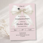 Convites Graduation party ivory bow pink class of 2026<br><div class="desc">Celebrate your achievement with this elegant ivory bow graduation invitation. The design features a large,  sophisticated satin ribbon adorned with delicate pearl strings and a subtle mortarboard icon. Dusty,  blush pink background.  It is the perfect choice for high school or college seniors looking for a feminine and chic announcement.</div>