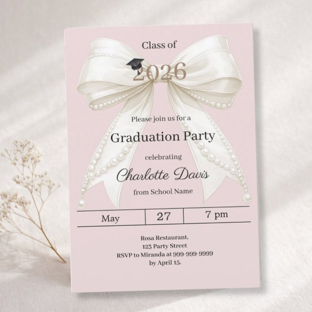 Convites Graduation party ivory bow pink class of 2026 (Criador carregado)