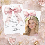 Convites Graduation party pink bow photo arch class of 2026<br><div class="desc">Celebrate your achievement with this elegant pink bow graduation invitation. The design features a large, sophisticated bow with ribbon adorned with delicate pearl strings and a subtle mortarboard icon. It is the perfect choice for high school or college seniors looking for a feminine and chic announcement. Add a photo on...</div>