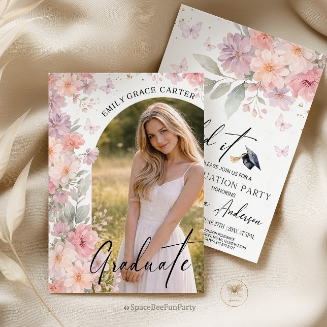 Convites Graduation Party  Wildflower Photo (graduation invitation, wildflower invite, boho floral, graduation party, photo invitation, bohemian )