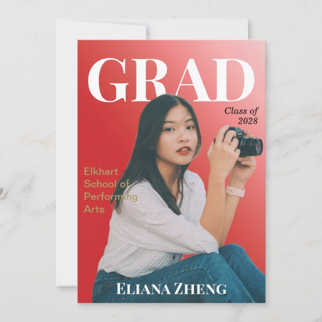 Convites Graduation Red Black White Magazine Announcement (Frente)