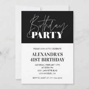 Convites Grafia Chic Elegante Preto Branco Aniversário de 4