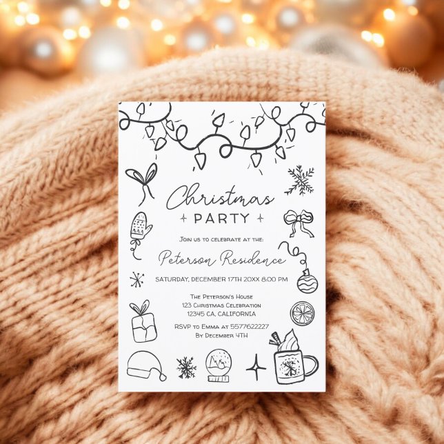 Convites Gráfico branco- Preto- Quirky no Natal moderno (Quirky black white illustration modern Christmas Invitation)