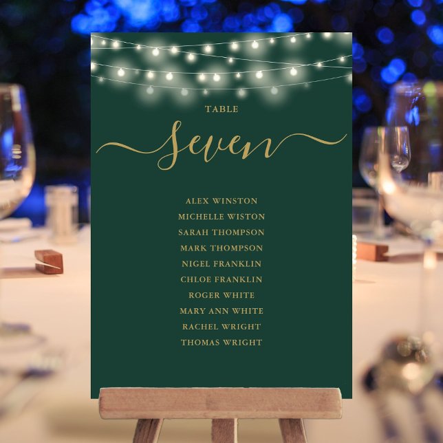 Convites Gráfico de Assentos com Luzes Verdes e Douradas em (Green And Gold Lights Table Number Seating Chart)