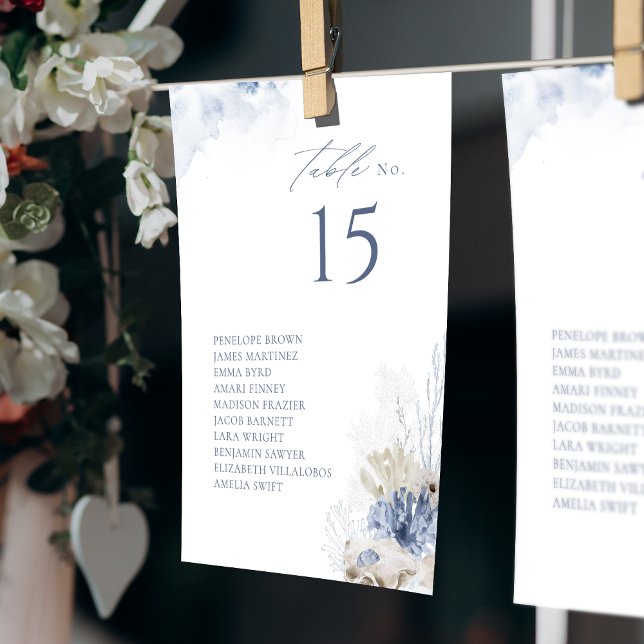 Convites Gráfico de assentos da tabela de corais e conchas  (Blue coral & shells table number seating chart)