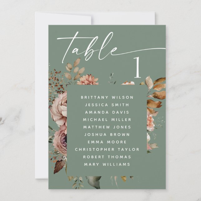 Convites Gráfico de Assentos de Casamento Floral Boho Verde (Frente)