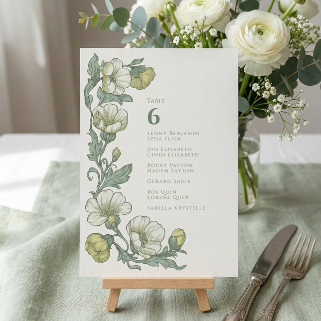 Convites Gráfico de Assentos de Mesa em Verde Sage Floral V (Vintage Floral sage green Table Seating Chart Invitation)