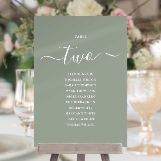 Convites Gráfico de Assentos Número 2 em Rotulo Verde Sage  (Sage Green Script Table Number 2 Seating Chart)