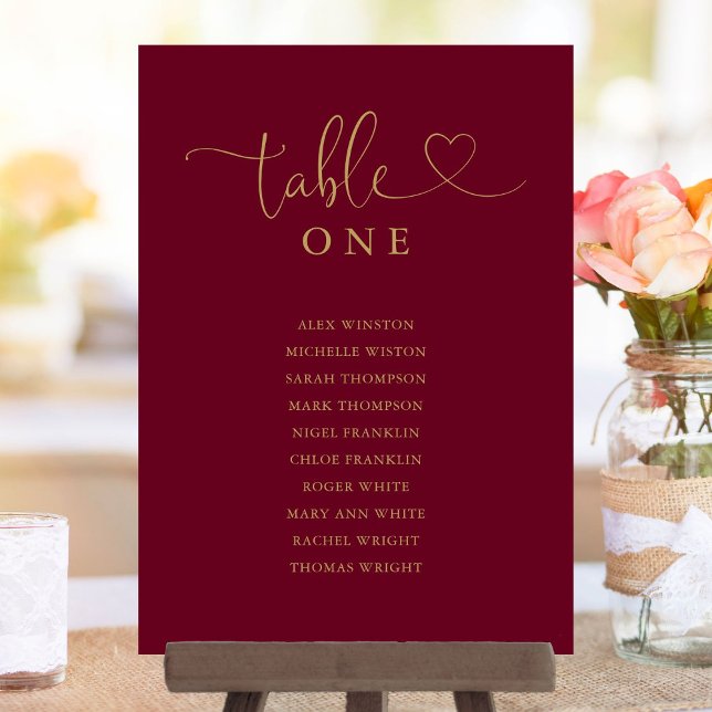 Convites Gráfico de Assentos Número da Mesa Burgundy e Dour (Burgundy And Gold Table Number Seating Chart)