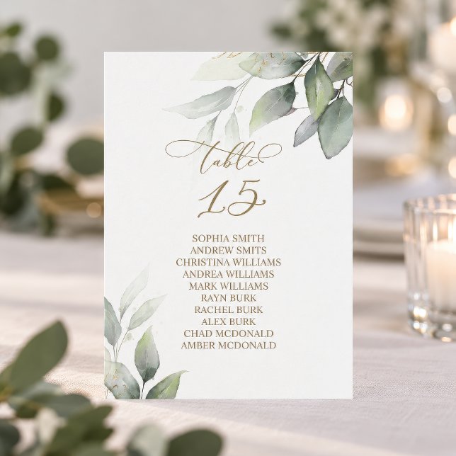 Convites Gráfico de Assentos Número da Mesa com Verde de Eu (Eucalyptus Greenery Wedding Table Number Card, Table 15 with guest names, gold script)