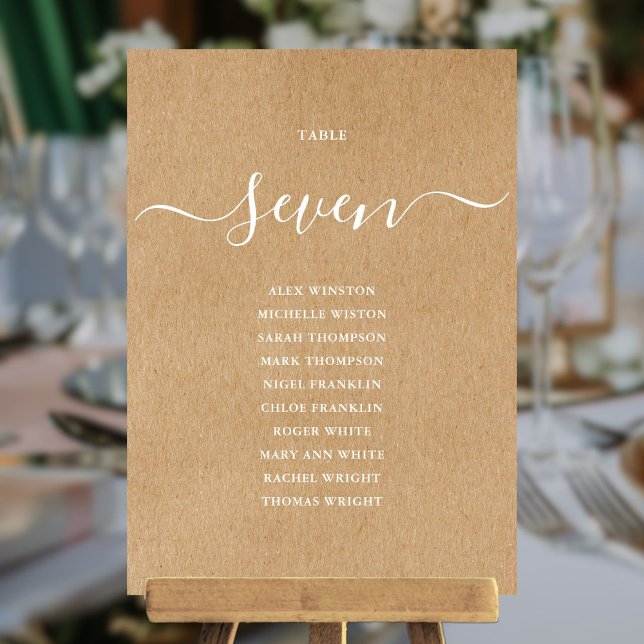 Convites Gráfico de Assentos Número da Mesa em Letra de Kra (Rustic Kraft Script Table Number Seating Chart)
