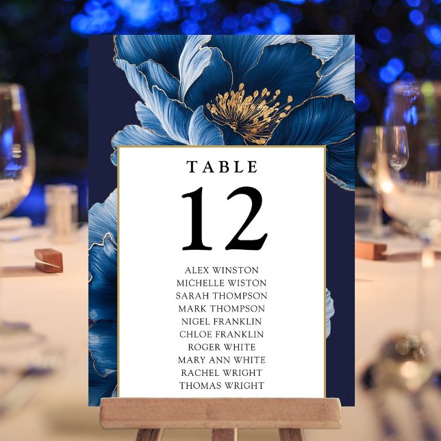 Convites Gráfico de Assentos Número da Mesa Floral Azul Dou (Navy Blue Gold Floral Table Number Seating Chart)