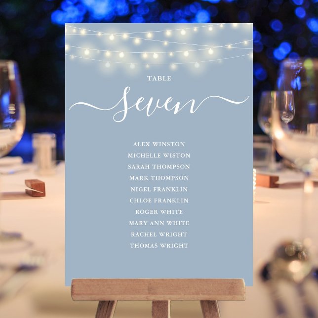 Convites Gráfico de Assentos Número da Mesa Luz de Corda Az (Dusty Blue String Light Table Number Seating Chart)