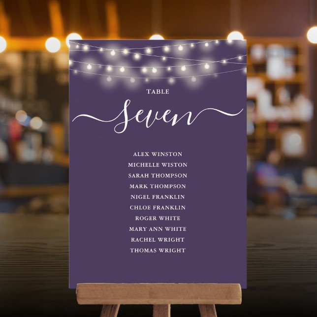 Convites Gráfico de Assentos Número da Mesa Luz de Corda Ro (Purple String Light Table Number Seating Chart)