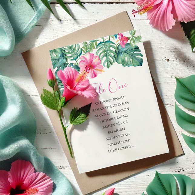 Convites Gráfico de Casamento Tropical, Plano de Mesas (Destination weddings seating chart card tropical pink hibiscus flowers art by Victoria Grigaliunas)