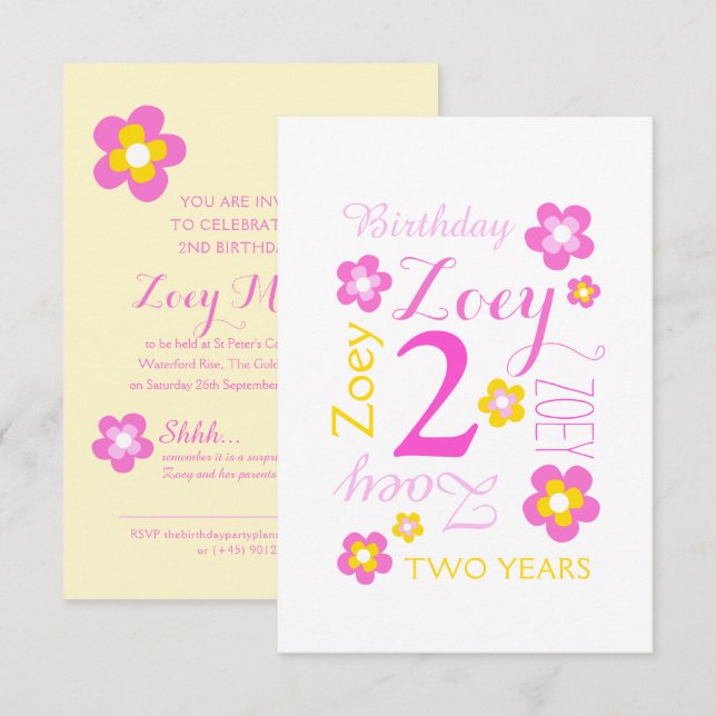 Convites gráfico de flores de 2º aniversário amarelo rosa s (Frente/Verso)