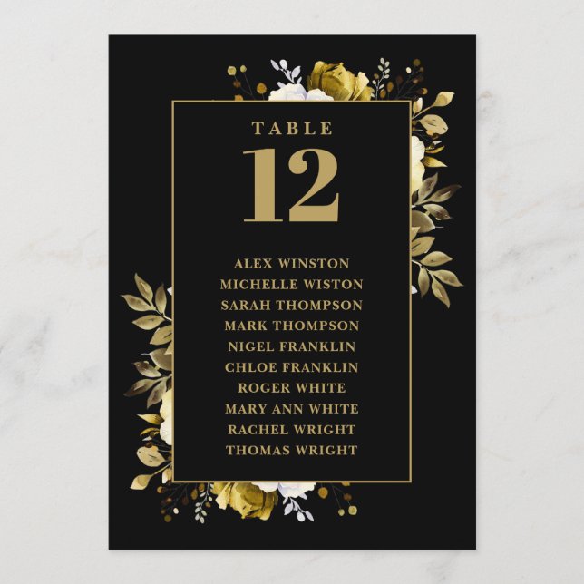 Convites Gráfico de Nomes para Mesa Floral Preto e Dourado (Frente)