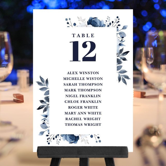 Convites Gráfico de Número de Mesa Floral Azul-marinho (Navy Blue Floral Table Number Seating Chart)