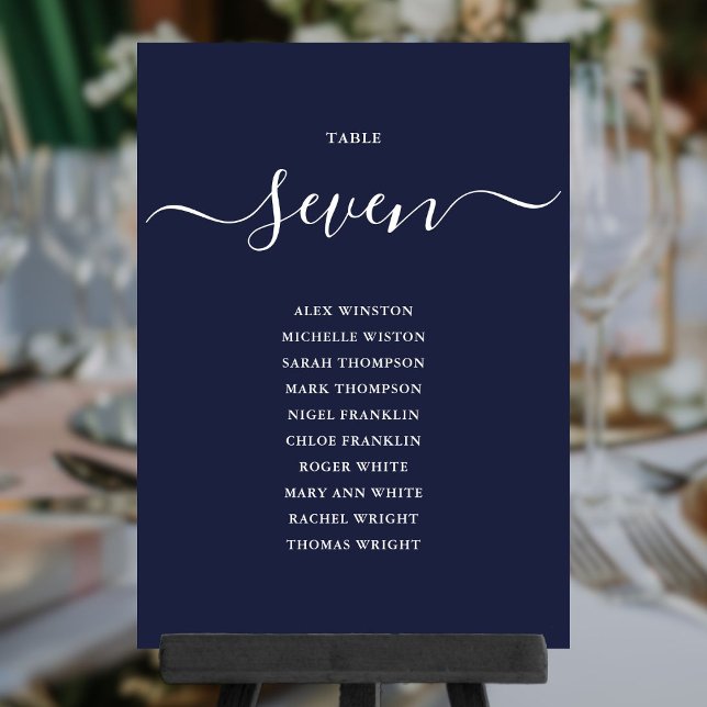 Convites Gráfico de Número de Sentados da Tabela de Script  (Navy Blue Chic Script Table Number Seating Chart)