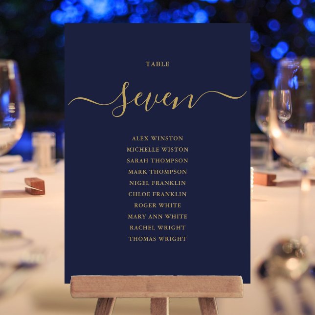 Convites Gráfico de Número de Sentados da Tabela de Script  (Navy Blue Gold Script Table Number Seating Chart)