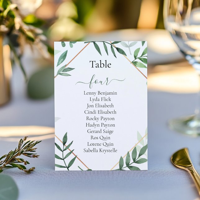 Convites Gráfico de Número de Sentados das Folhas Verdes bo (Pretty green leaves, geometric border wedding reception party table number, seating chart)
