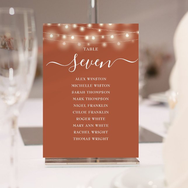 Convites Gráfico de Número Sentado da Tabela Leve de String (Terracotta String Light Table Number Seating Chart)