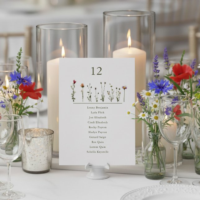 Convites Gráfico numérico de assentos de flores selvagens i (Wildflowers wedding table number name chart place card.)
