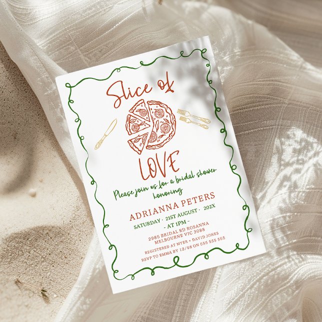 Convites Gráfico Whimsical De Chá de panela De Amor (Slice Of Love Bridal Shower Invitation Whimsical Hand Drawn Illustration, Pizza Cutlery Red Green)