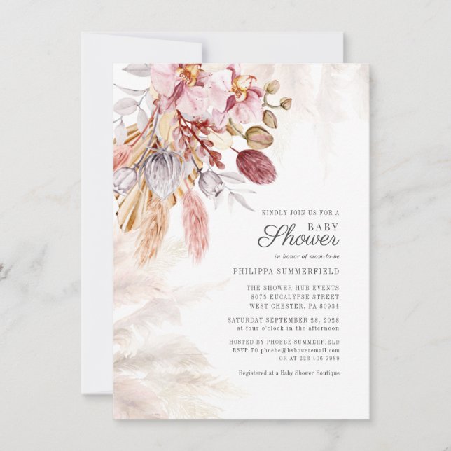 Convites Grama das Pampas Boho Floral Seca Bege Chá de Bebê (Frente)