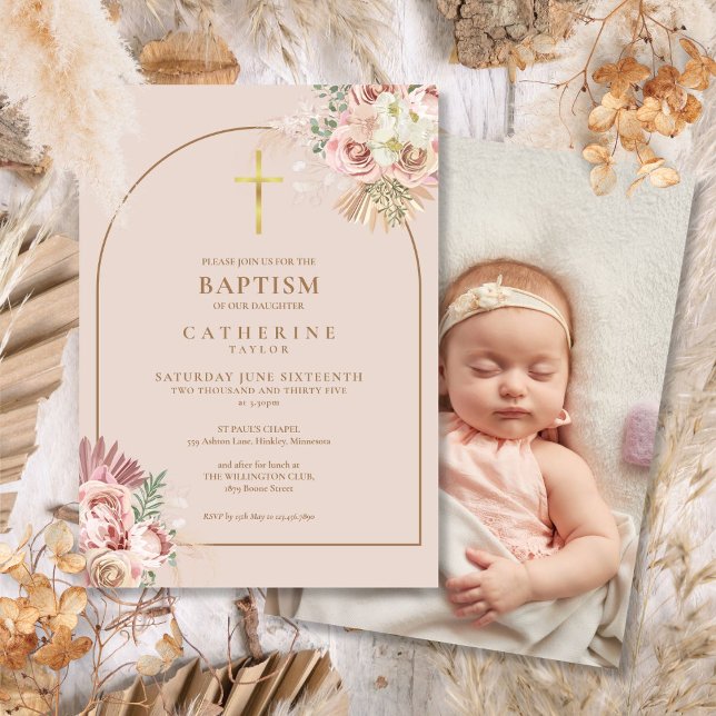 Convites Grama das Pampas Dourada Foto Batismo Batizado  (Pampas Grass Gold Photo Baptism Christening Invitation)