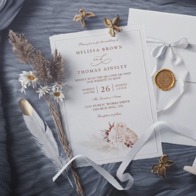Convites Grama das Pampas Elegante Casamento Código QR Maci (Criador carregado)