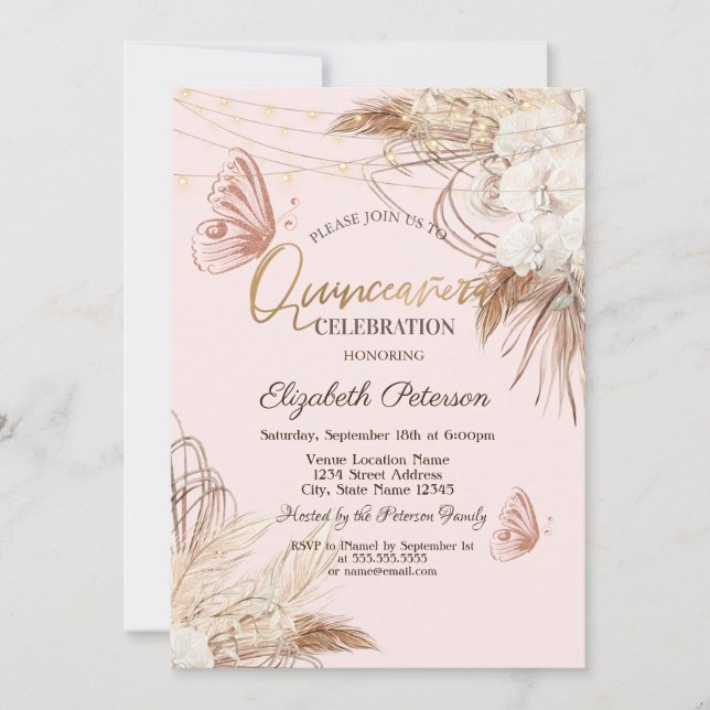Convites Grama das Pampas Flores Boho Borboletas Quinceañer (Frente)