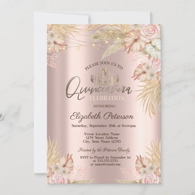 Convites Grama das Pampas Flores Boho Quinze Anos (Frente)