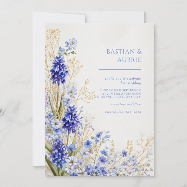 Convites Grama Dourada Azul Muscari Spray Botânico Casament (Frente)