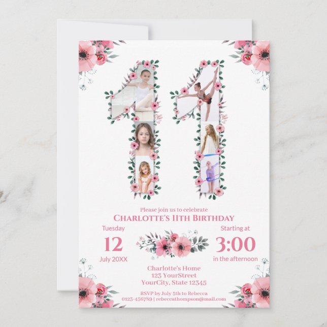 Convites Grande 11 Birthday Rapariga Fotografia Collage Flo (Frente)