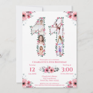Convites Grande 11 Birthday Rapariga Fotografia Collage Flo